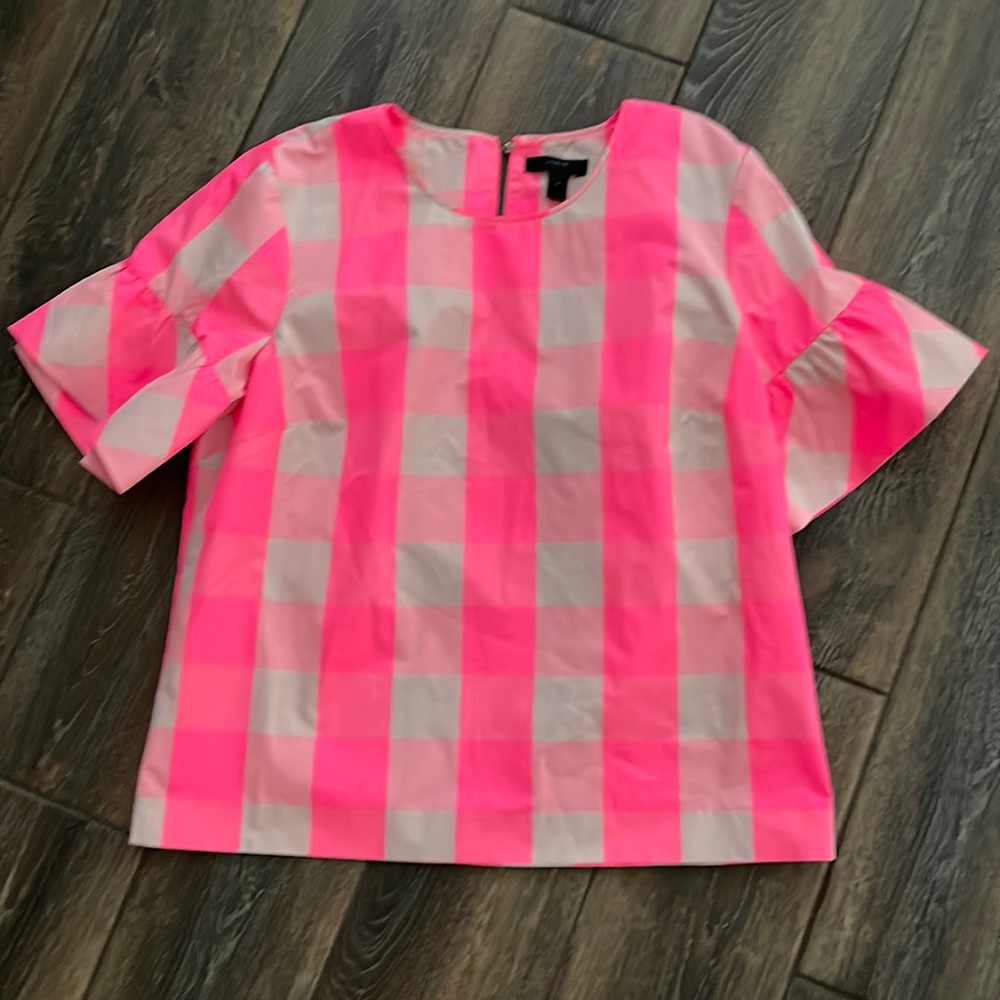 J.Crew blouse - neon pink and tan buffalo check shirt taffeta material - EUC